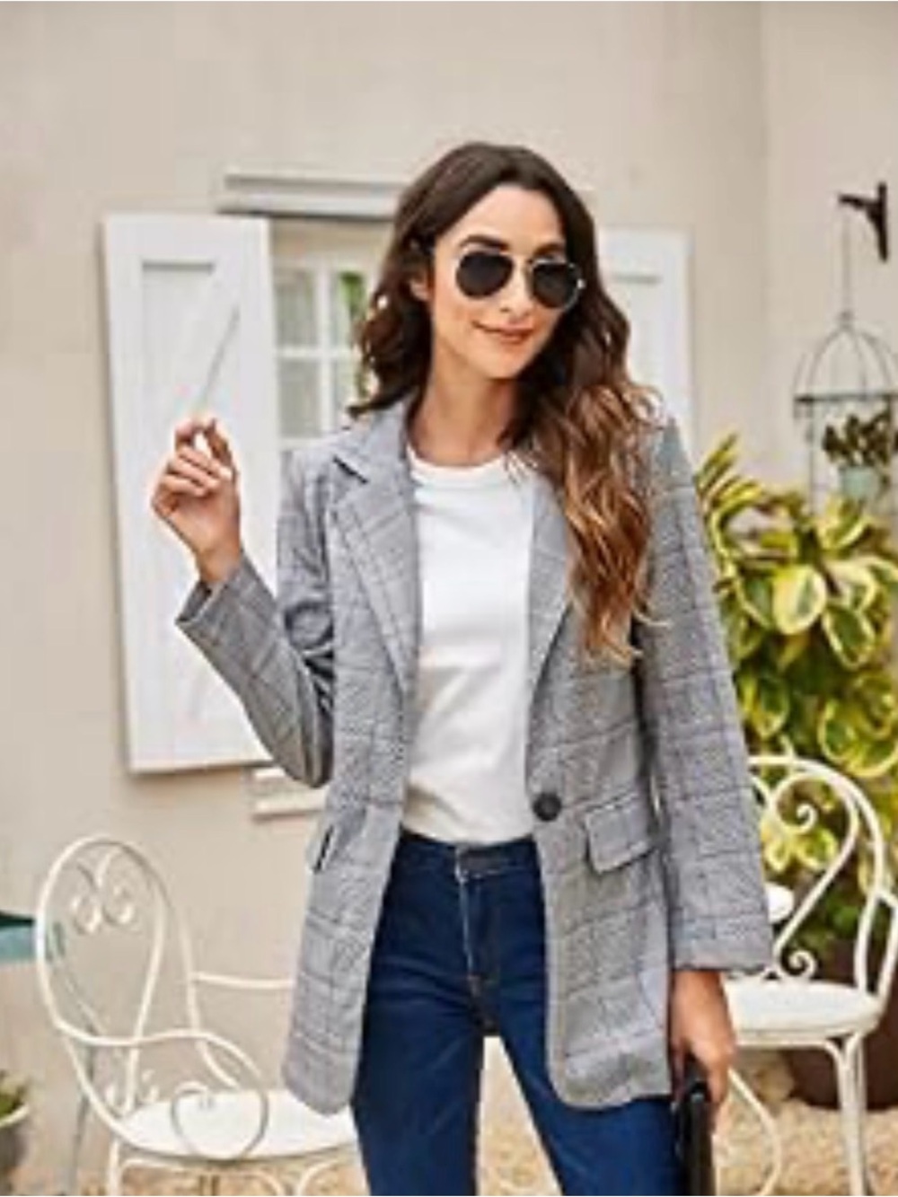 ZEAGOO WOMEN’S Gray PREPPY PLAID BLAZER JACKET OVERSIZED